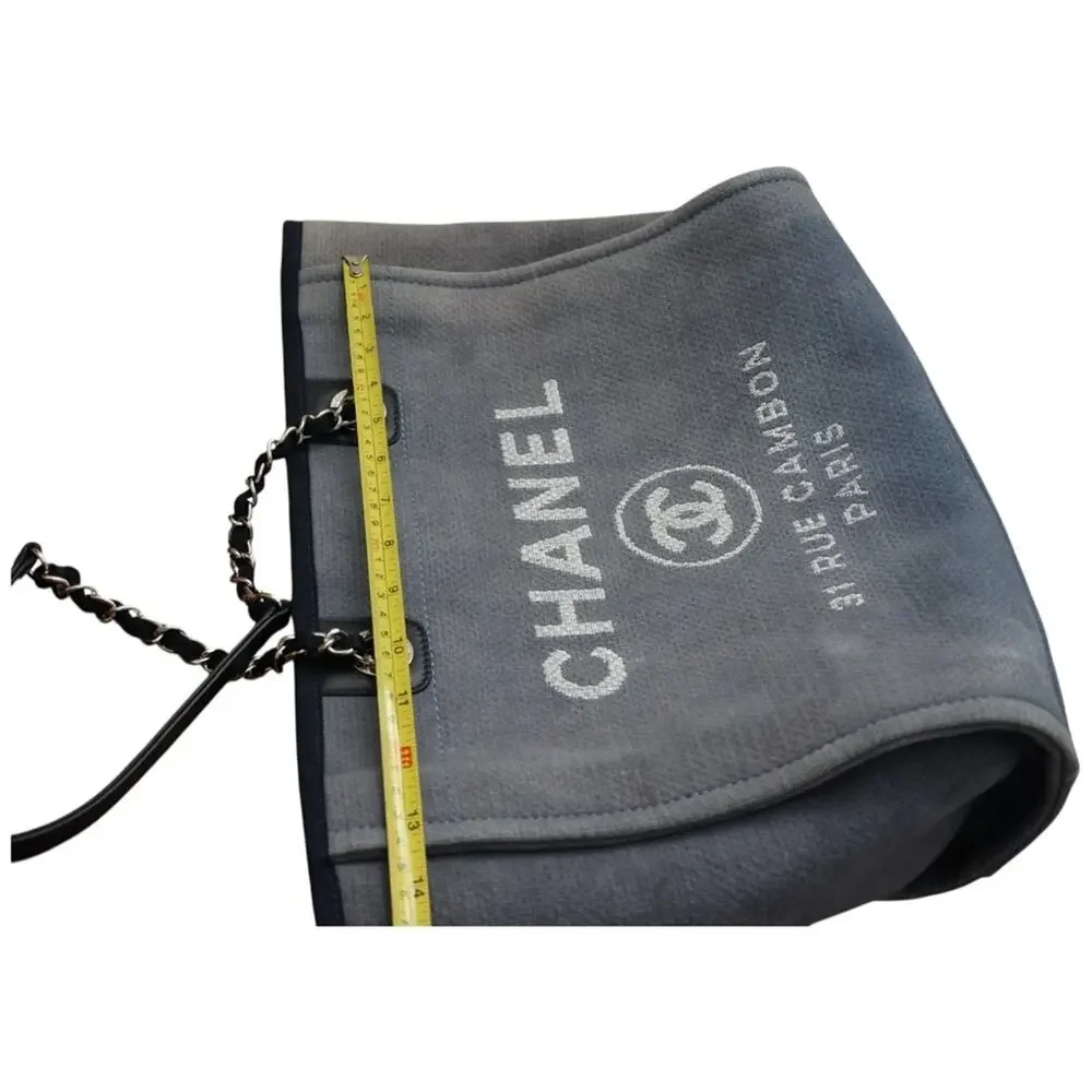 Chanel Deauville Tote Bag Denim Slate Blue Canvas Navy Trim Silver Hardware